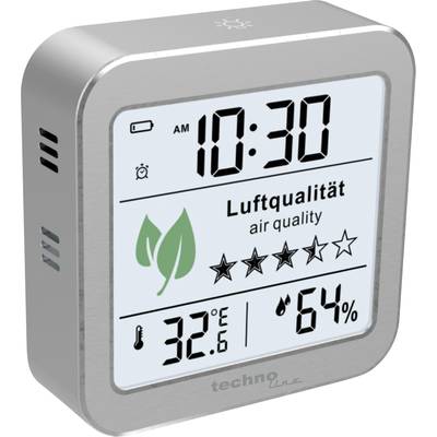 Affichage numérique indiquant l'heure 10:30, qualité de l'air à cinq étoiles, symbole d'une feuille, température 32,6°C, humidité 64%.