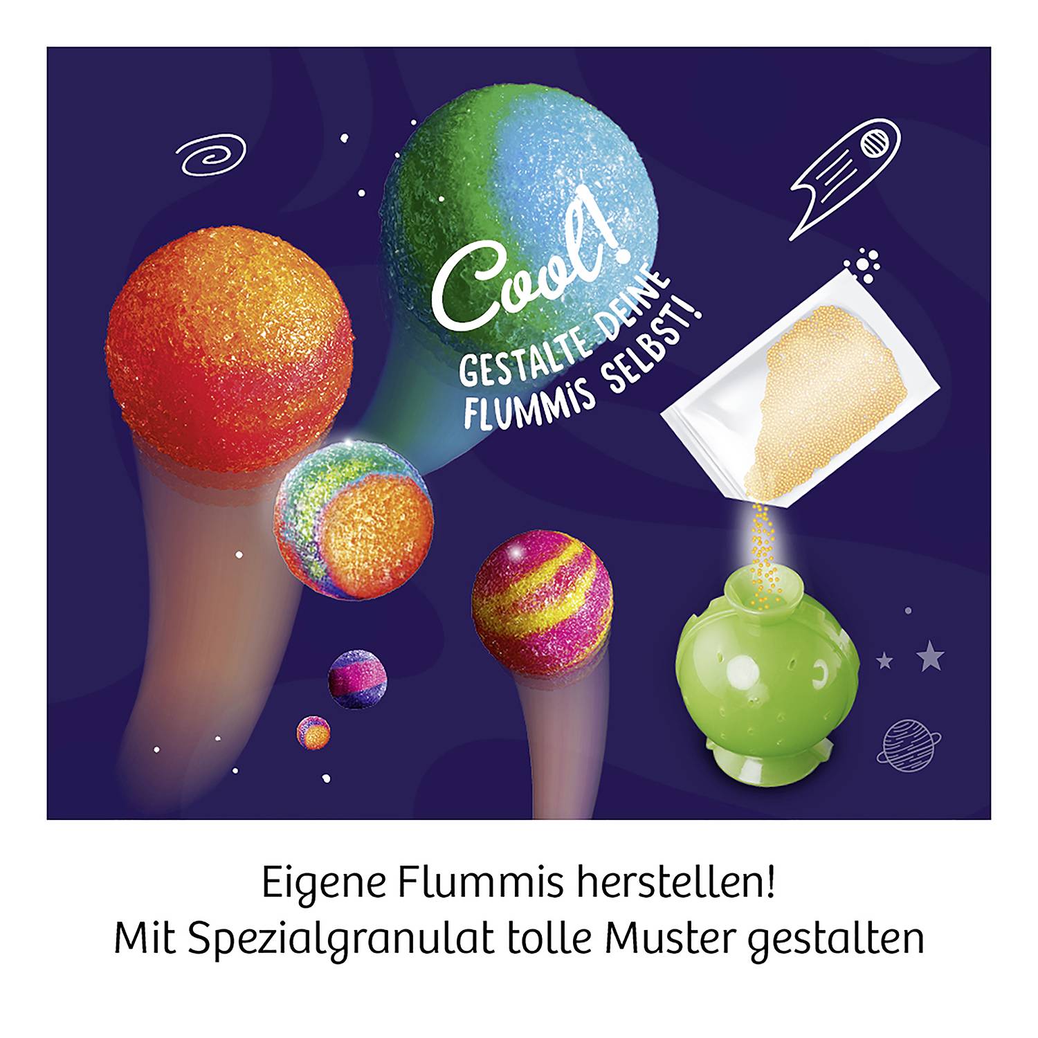 Flummis cool aux couleurs éclatantes avec décor galactique. Texte : 'Cool, personnalise tes propres Flummis !' Instructions de fabrication.