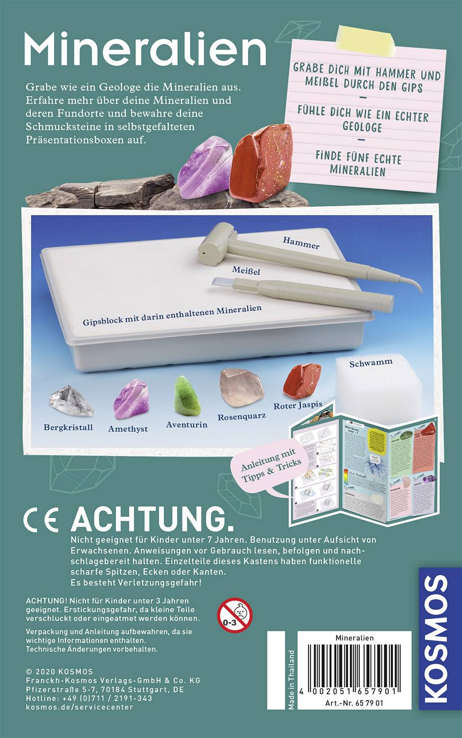 Kit de minéraux : Comprend un bloc de gypse avec des pierres cachées, un marteau et un ciseau. Adapté aux enfants de 7 ans et plus, sous surveillance.