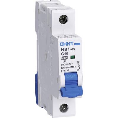 Un disjoncteur unipolaire CHINT, modèle NB1-63 C16, adapté pour 230/400V~ et conforme à la norme IEC/EN60898-1.