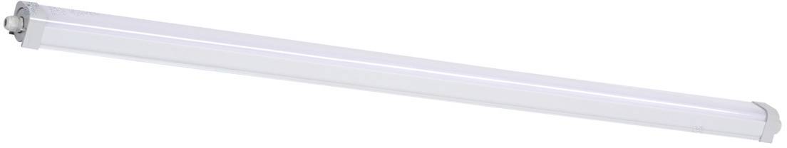 Tube fluorescente LED blanche, fine et longue, dans un boîtier argenté. Adaptée pour une installation au plafond dans des bureaux ou des ateliers.