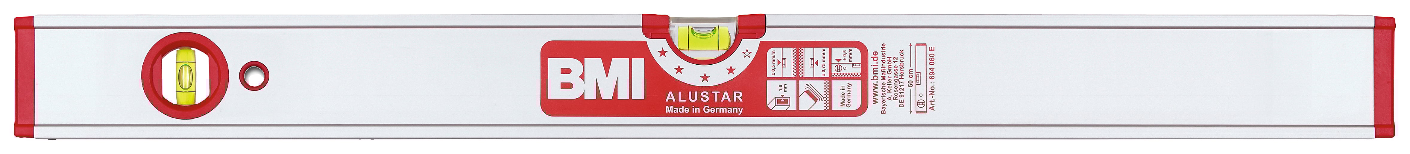 Niveau à bulle de forme rectangulaire, marque BMI, avec un indicateur affichant un niveau à bulle centré. Adapté pour un alignement horizontal ou vertical précis.