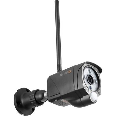 Caméra de surveillance avec antenne, montée sur un support mural ; adaptée pour la surveillance extérieure.