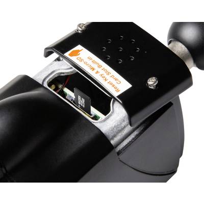 Appareil noir avec boîtier ouvert montrant une carte microSD insérée. Un autocollant en haut porte l'inscription 'Reset Key'.
