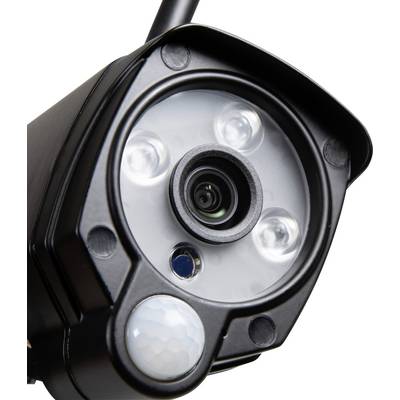 Gros plan sur une caméra de surveillance équipée de trois voyants LED et d'un détecteur de mouvement. Elle est de couleur noire et de forme rectangulaire.