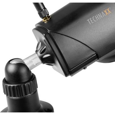 Une caméra de surveillance noire portant l'inscription 'TECHNAXX', montée sur un support réglable.