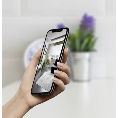 Une main tient un smartphone affichant la photo d'un salon au design moderne. Un pot de plante est visible de manière floue en arrière-plan.
