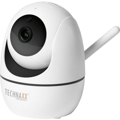Caméra de surveillance blanche avec objectif et antenne, marque 'TECHNAXX' d'Allemagne, adaptée aux espaces intérieurs.