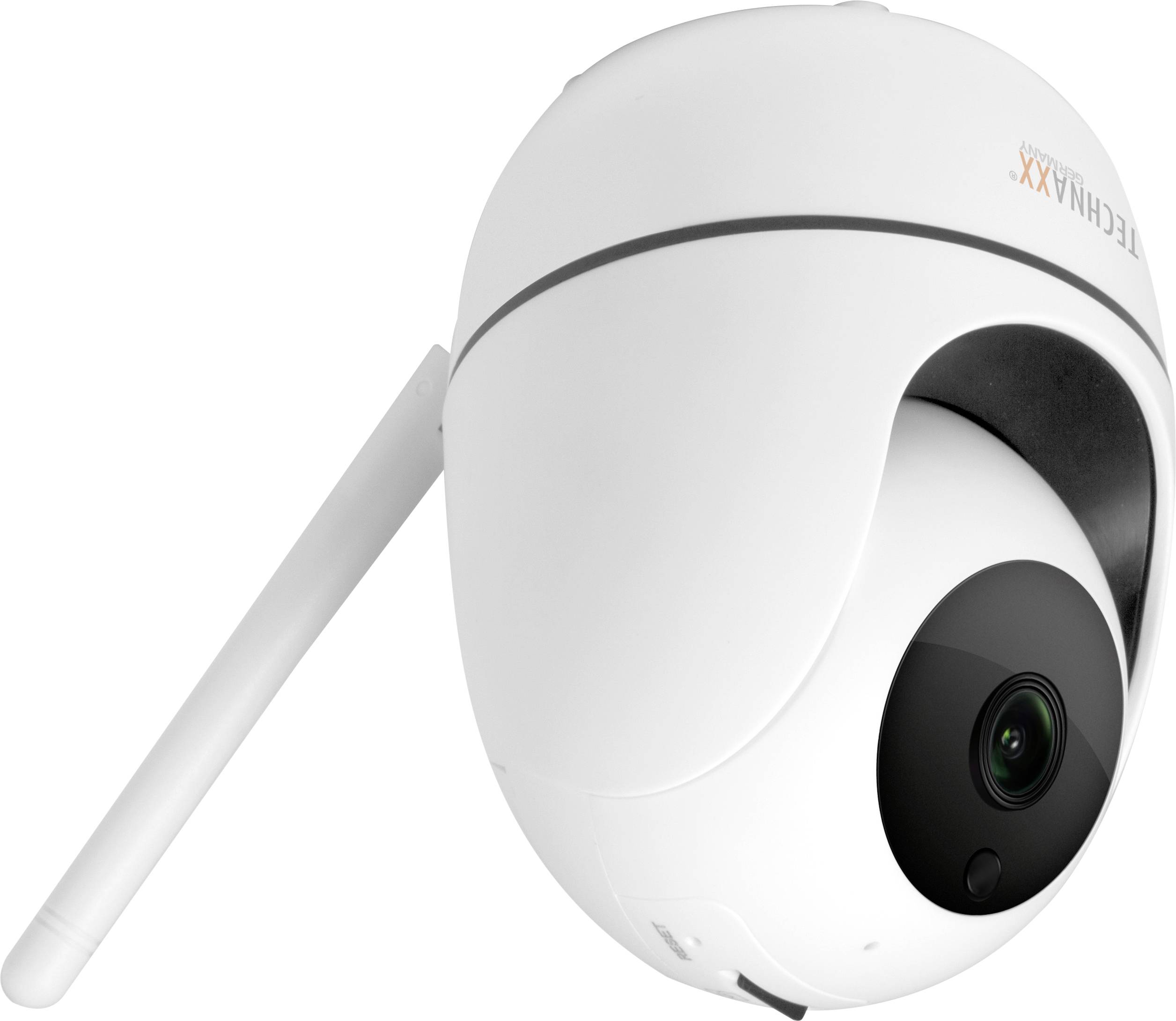 Caméra de surveillance avec antenne, objectif pivotant. Forme ronde et blanche. Nom de modèle 'TECHNAXX' sur le dessus.