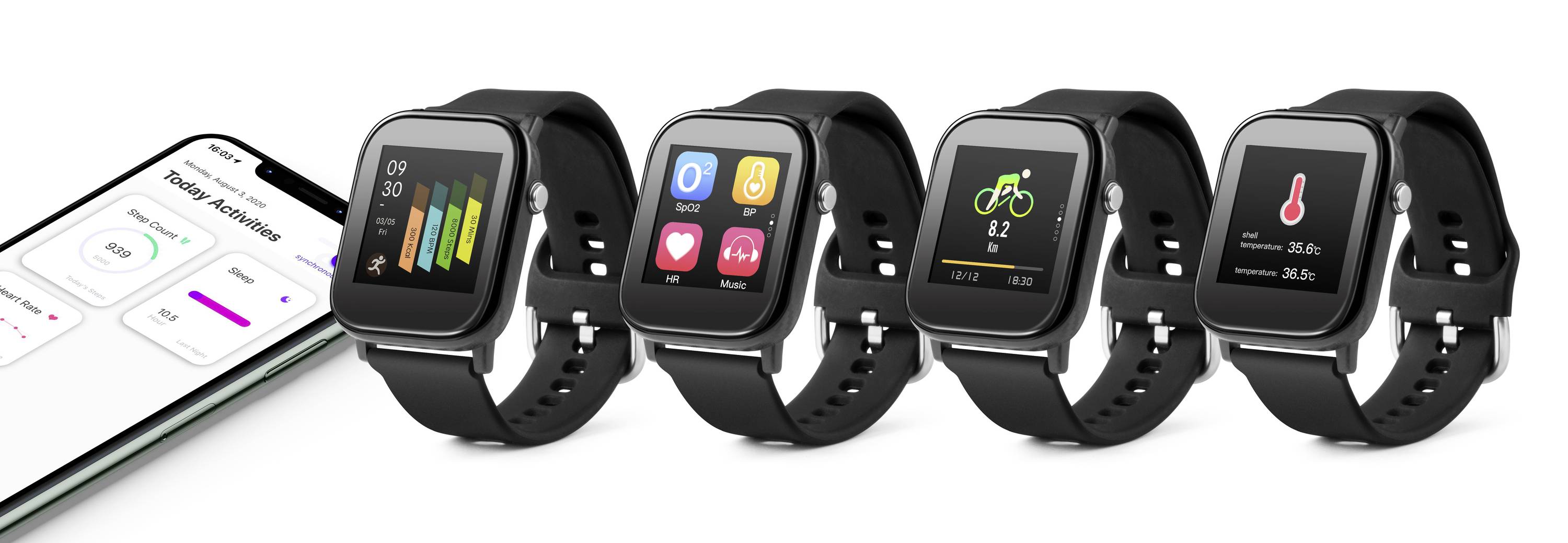 Quatre montres connectées avec différents affichages : messages, applications, fitness et température. À côté, à gauche, un smartphone avec une application de santé.