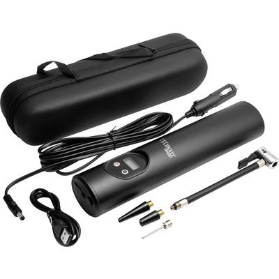 Gonfleur de pneu portable avec affichage numérique, différents embouts de valve, câble USB et sacoche de transport. Idéal pour les pneus de voiture.