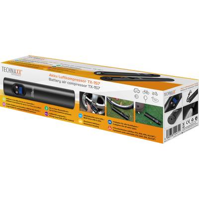 L'emballage du compresseur d'air portable à batterie TECHNAXX TX-157 présente l'appareil, ses accessoires et des exemples d'utilisation tels que le vélo et la voiture.