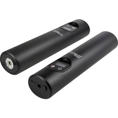 Deux pompes à air portables noires et cylindriques avec affichage numérique et port USB, l'une montrant la face avant, l'autre la face arrière.