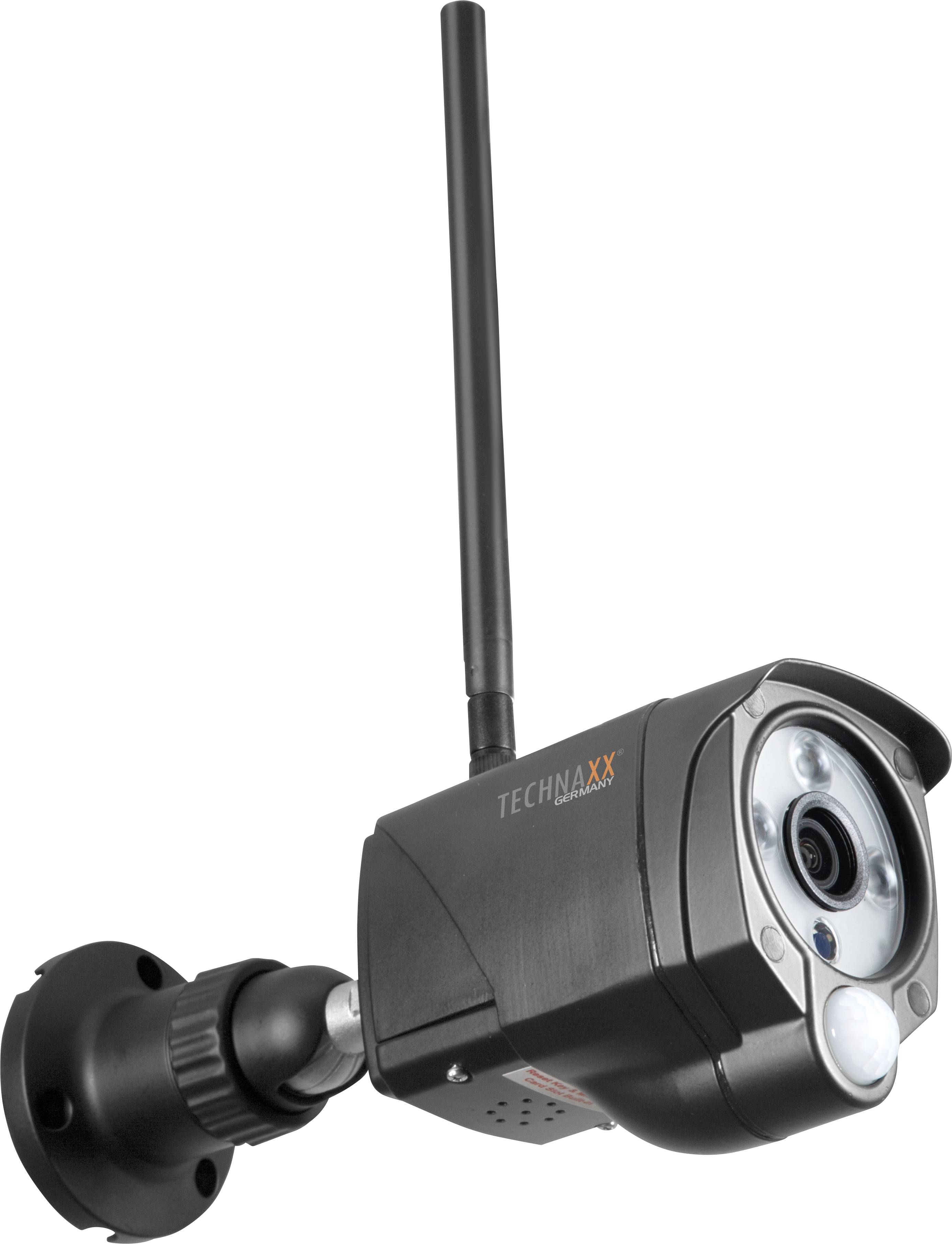 Une caméra de surveillance noire avec antenne fixée sur un support mural, adaptée pour la surveillance extérieure.