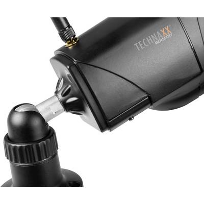 Caméra de surveillance noire avec l'inscription "TECHNAXX GERMANY", montée sur un support articulé avec un trépied ajustable.