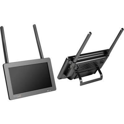 Un moniteur noir avec deux antennes, montré de face et de dos, avec un support à l'arrière.