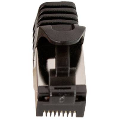 'Connecteur RJ45 en gros plan, de couleur noire. Les contacts et le clip de verrouillage sont visibles.'
