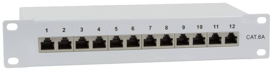Panneau de brassage réseau avec 12 ports RJ45, numérotés de 1 à 12. À gauche est indiqué 'CAT.6A', adapté pour les réseaux à haute vitesse.