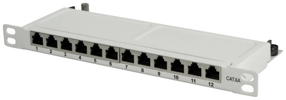 Un panneau de brassage réseau avec 12 ports Ethernet numérotés dans un boîtier blanc.