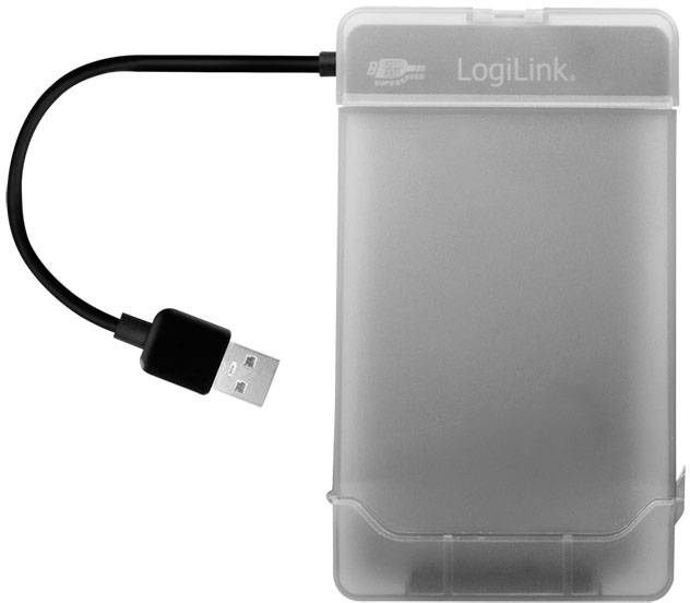 Boîtier de disque dur externe avec câble USB, design transparent, marque LogiLink.