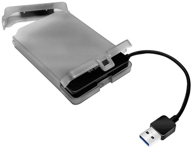 Sac avec câble USB montre une housse de protection transparente avec un couvercle ouvert et un câble USB connecté.