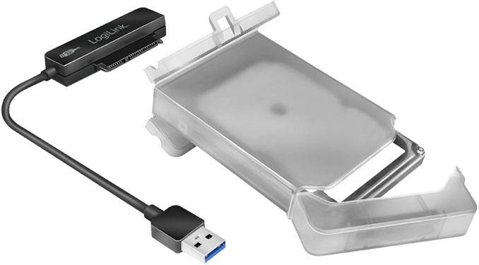 Un adaptateur de disque dur externe avec connexion USB et un boîtier en plastique transparent, adapté pour le transport et la protection du disque dur.