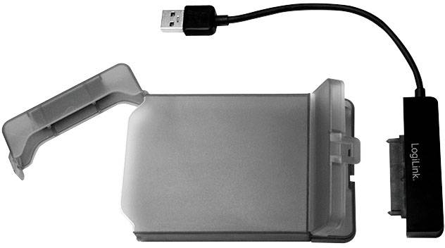 Un lecteur USB pour disques durs, composé d'un support transparent et d'un adaptateur noir avec une fiche USB.
