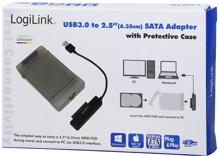 Adaptateur USB 3.0 vers SATA 2,5" avec boîtier de protection de LogiLink pour connexion de disque dur/SSD à un PC. Illustré : adaptateur, PC, ordinateur portable.