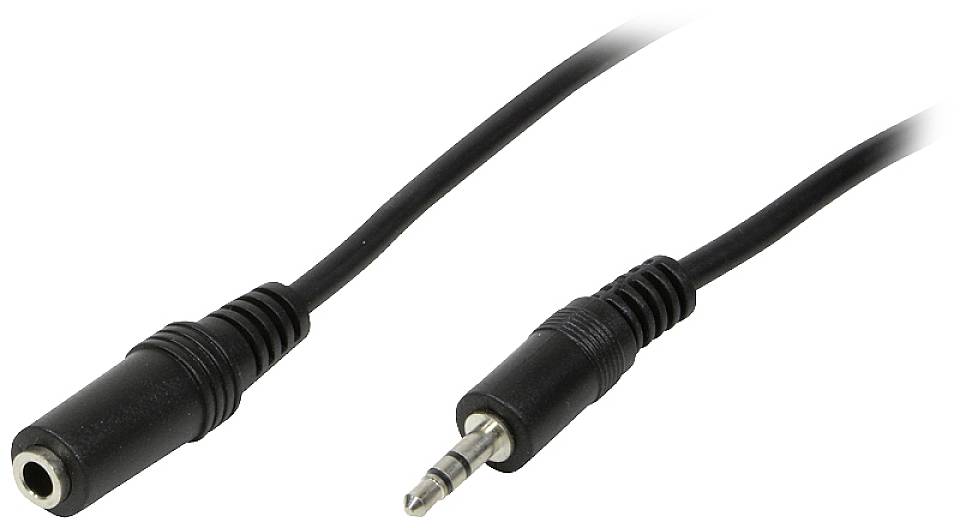 Un câble audio noir avec une fiche jack de 3,5 mm sur le côté droit et une prise jack de 3,5 mm sur le côté gauche.