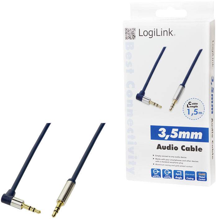 Câble audio Jack 3,5 mm de LogiLink, longueur de 1,5 m, avec fiche coudée et fiche droite ; l'emballage présente une image du produit avec ses spécifications.