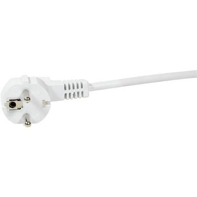 Une fiche électrique blanche à deux broches et une broche de terre, reliée à un câble.