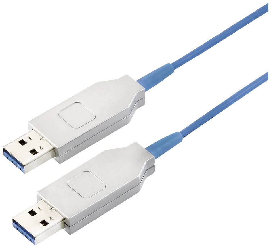 Deux connecteurs USB 3.0 argentés avec un revêtement bleu et un design plat, reliés par un câble bleu.