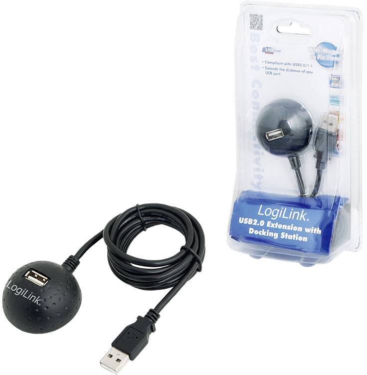 Rallonge USB avec station d'accueil, forme ronde noire avec port USB, compatible USB 2.0. L'emballage présente les détails de connexion.
