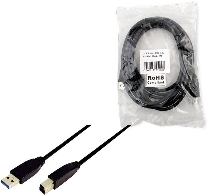 Câble USB 3.0, long de 3 mètres, avec des connecteurs bleus et emballé dans un sachet transparent portant l'étiquette "Conforme RoHS".