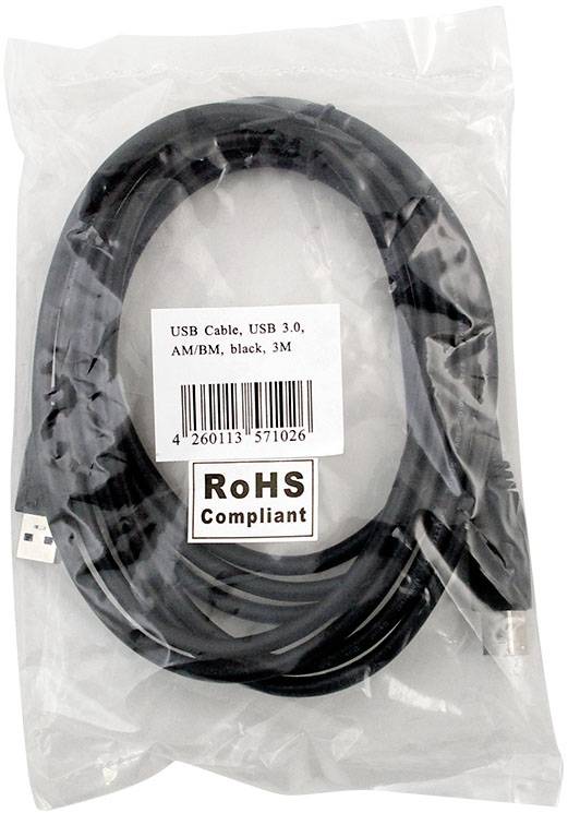 Câble USB, USB 3.0, AM/BM, noir, 3 m, dans un sachet en plastique transparent avec étiquette 'Conforme RoHS'.