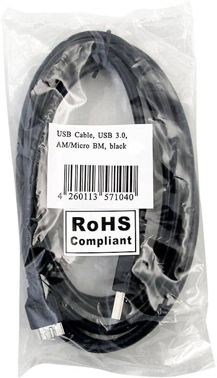Câble USB, USB 3.0, AM/Micro BM, noir, dans un emballage en plastique avec étiquette de conformité RoHS.