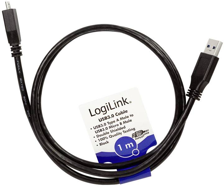 Un câble USB 3.0 de LogiLink avec une fiche USB-A et une fiche Micro-B, adapté aux transferts de données, d'une longueur de 1 mètre, de couleur noire.