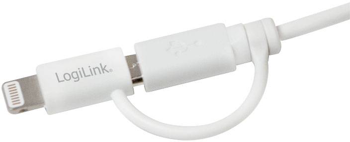 Un câble de charge USB blanc de la marque 'LogiLink', adapté aux appareils Apple, avec un connecteur Lightning.