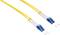 Deux câbles à fibre optique jaunes avec des connecteurs bleus et des capuchons blancs, utilisés pour le transfert rapide de données dans les réseaux.