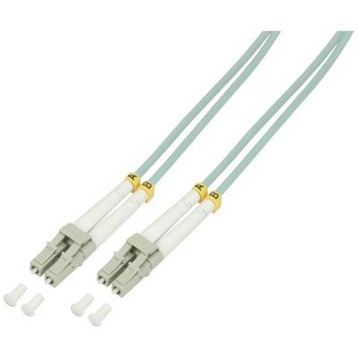 Deux câbles à fibre optique LC Duplex à gaine turquoise et étiquetage jaune. Adaptés pour des transmissions de données à grande vitesse.