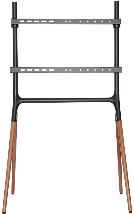 Un support moderne avec des montants en métal noir et quatre pieds, partiellement en bois, adapté pour maintenir un appareil électronique.