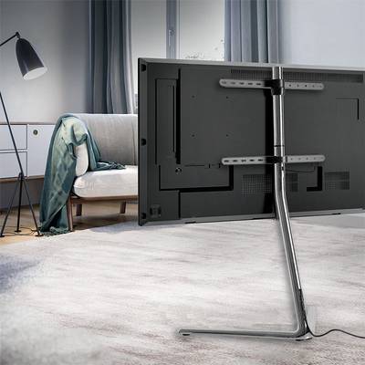 Un espace salon élégant avec un canapé, un lampadaire et un grand écran TV monté sur un support moderne.