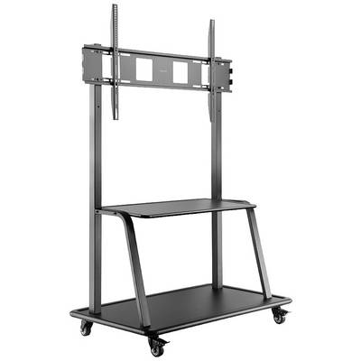 Support de moniteur à écran plat avec deux plateaux et roulettes. Adapté pour une technique de présentation flexible dans les bureaux ou les salles de conférence.