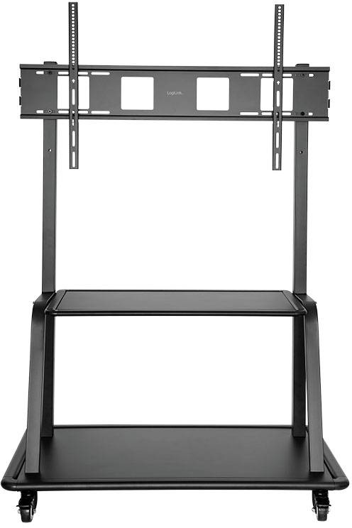 Un support mobile noir pour téléviseur, équipé de roulettes et d'un support réglable pour écrans plats. Comprend une tablette de rangement centrale.