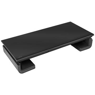 Un support de moniteur noir à design surélevé offre de l'espace pour un écran, compatible avec différents environnements de bureau.