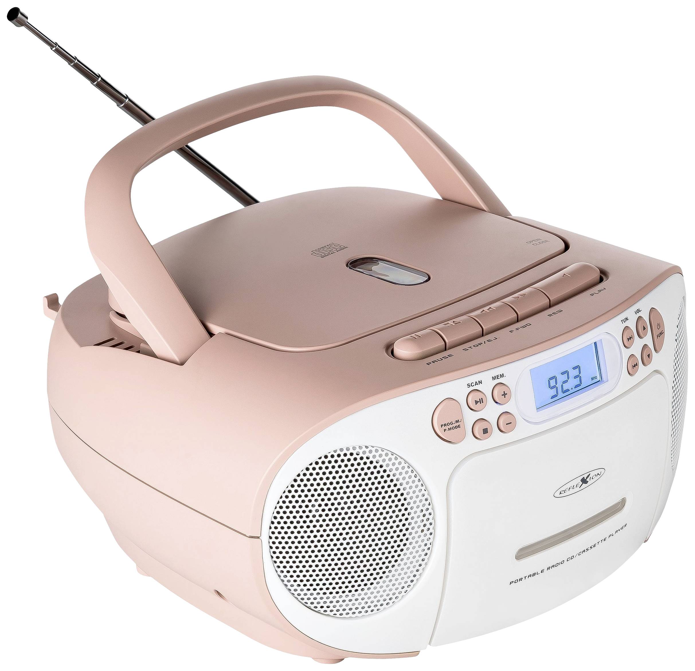 Un radio CD portable rose avec une antenne et un affichage numérique indiquant 92,3 FM. Il dispose de haut-parleurs et de commandes sur le dessus.