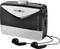 Un radio portable noir avec échelle de fréquences FM et écouteurs connectés, adapté pour un plaisir d'écoute mobile.