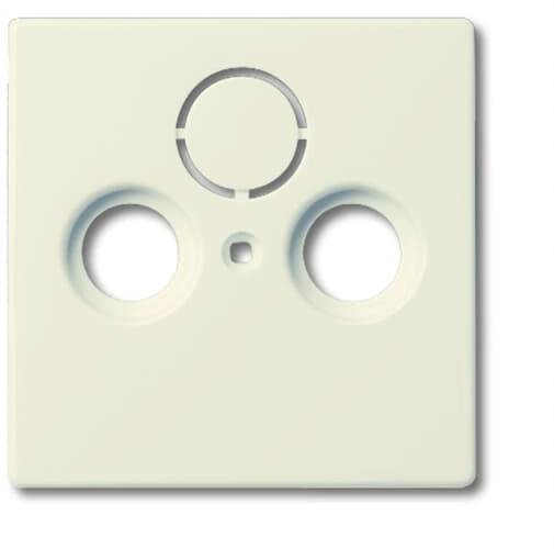 Plaque de couverture blanche pour une prise TV et radio à trois ouvertures, avec un petit trou central pour la vis de fixation.