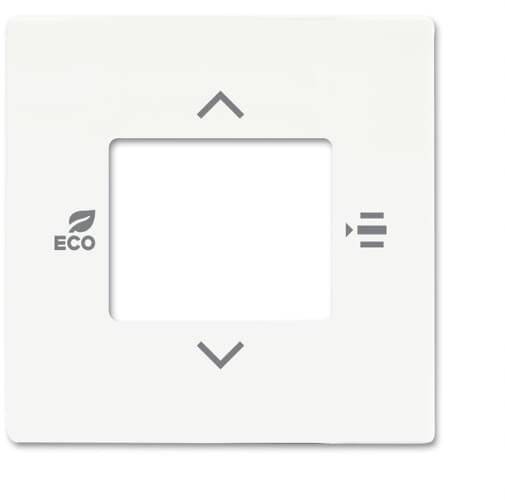 Panneau de thermostat avec deux flèches directionnelles, un label 'ECO' avec un symbole de feuille et un symbole de menu sur fond blanc.
