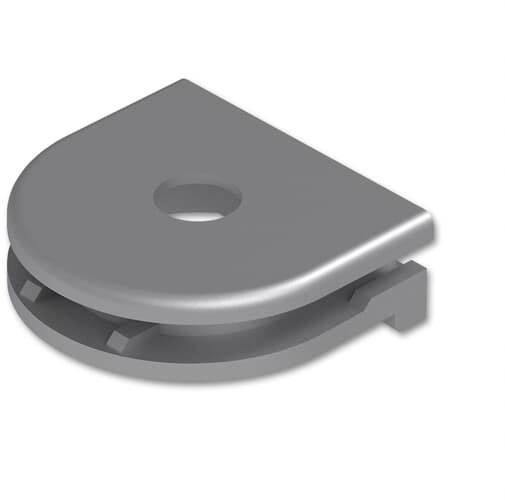 Un élément en plastique gris en demi-cercle avec un trou central et deux couches, probablement une pièce de construction ou de connexion.